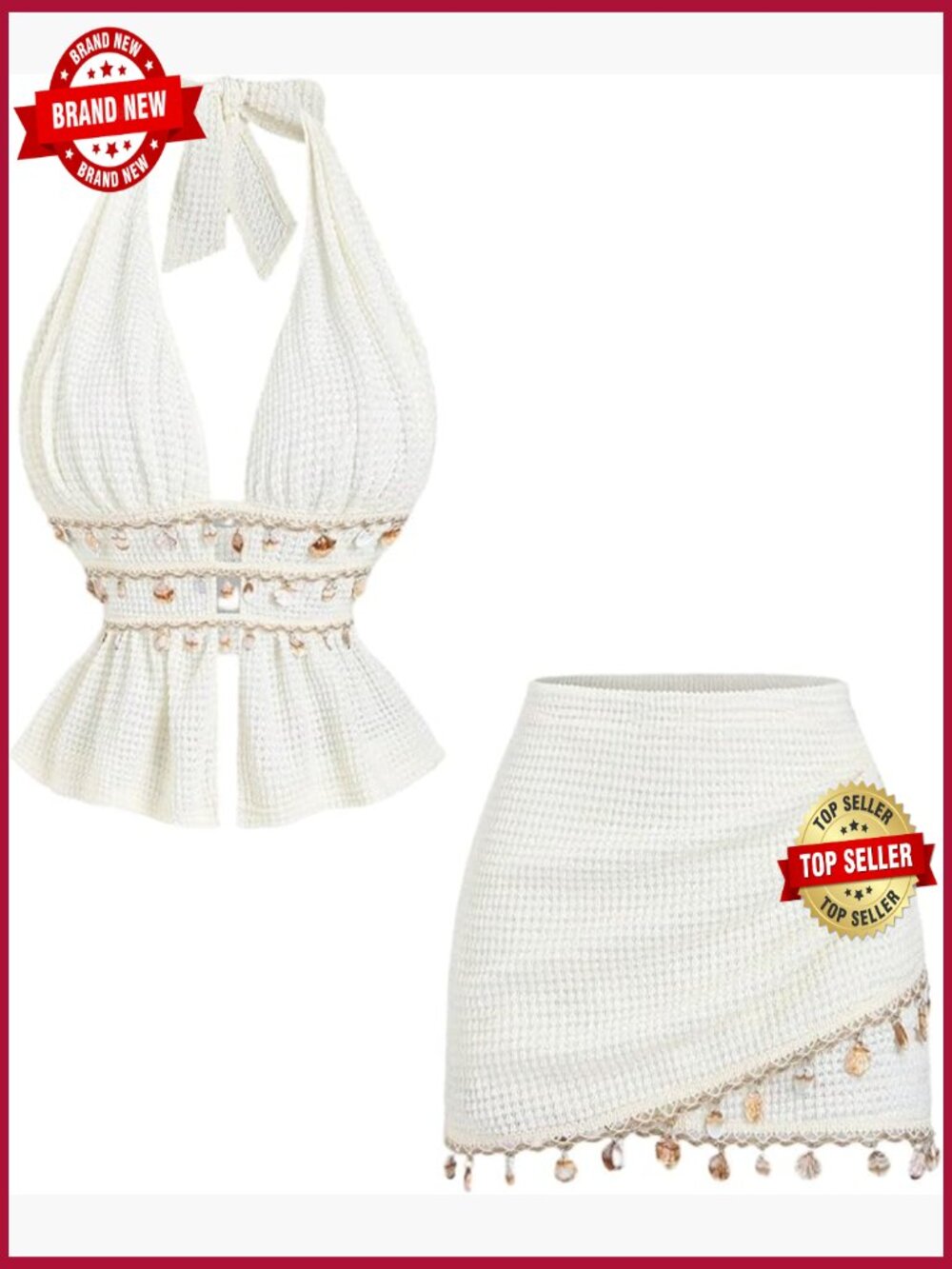 Crochet Seashell Halter Top and Skirt Matching Set 2 Piece Outfit